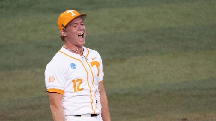 Tennessee's Liam Doyle (12) celebrates after striking out a batter at the NCAA college baseball Knoxville Regional final against Wake Forest on June 2, 2025, in Knoxville, Tenn.
