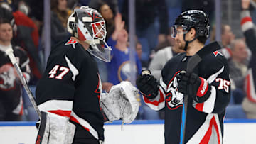 James Reimer (47) and Connor Clifton (75)  sharing a postgame fist bump after their win against the Flyers at the KeyBank Center