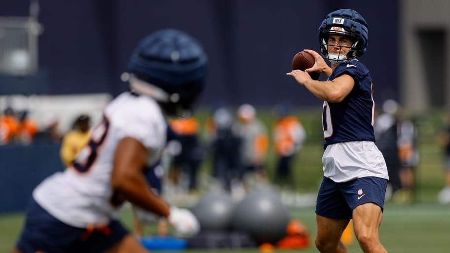 Jul 26, 2024; Englewood, CO, USA; Denver Broncos quarterback Bo Nix (10) during training camp at Broncos Park Powered by CommonSpirit.  | Isaiah J. Downing-USA TODAY Sports