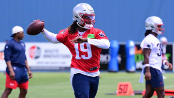 Jun 10, 2024; Foxborough, MA, USA;  New England Patriots quarterback Joe Milton III (19) throws a pass at minicamp at Gillette Stadium. Mandatory Credit: Eric Canha-USA TODAY Sports