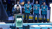 Nov 23, 2024; San Jose, California, USA;  Joe Thornton talks during the Joe Thornton retirement ceremony at SAP Center in San Jose. Mandatory Credit: John Hefti-Imagn Images