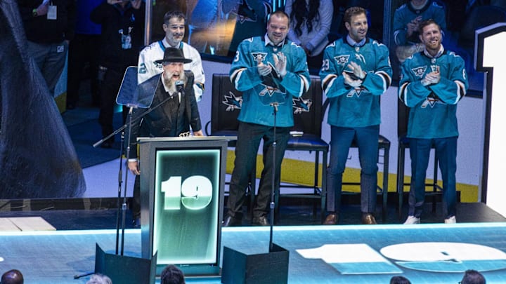Nov 23, 2024; San Jose, California, USA;  Joe Thornton talks during the Joe Thornton retirement ceremony at SAP Center in San Jose. Mandatory Credit: John Hefti-Imagn Images