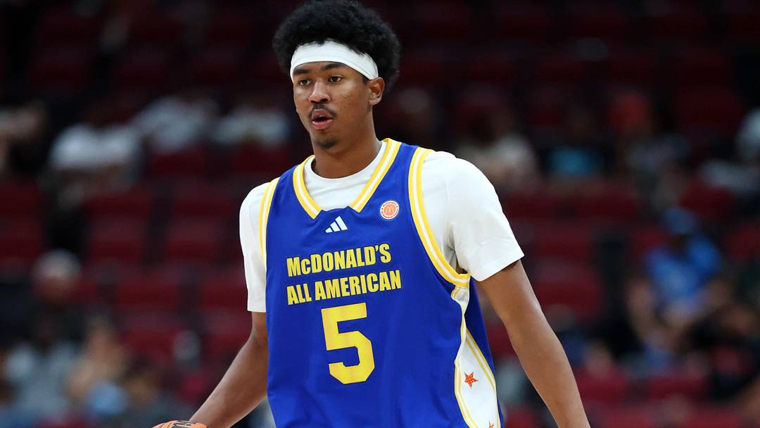 Mar 31, 2026; Glendale, AZ, USA; Jason Crowe Jr (5) during the McDonalds All American Boys Game at Desert Diamond Arena. Mandatory Credit: Mark J. Rebilas-Imagn Images