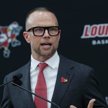 New Louisville basketball head coach Pat Kelsey made remarks during his announcement at the Planet Fitness Kueber Center