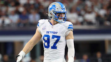Oct 13, 2024; Arlington, Texas, USA; Detroit Lions defensive end Aidan Hutchinson (97) in action during the game against the Dallas Cowboys at AT&T Stadium. Mandatory Credit: Kevin Jairaj-Imagn Images