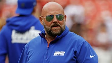 Sep 7, 2025; Landover, Maryland, USA; New York Giants head coach Brian Daboll looks on during warmups before the game against the Washington Commanders at Northwest Stadium. Mandatory Credit: Amber Searls-Imagn Images