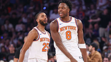 Apr 19, 2025; New York, New York, USA; New York Knicks forward OG Anunoby (8) celebrates after scoring with forward Mikal Bridges (25) in Game One of the First Round of the NBA Playoffs against the Detroit Pistons at Madison Square Garden. Mandatory Credit: Wendell Cruz-Imagn Images