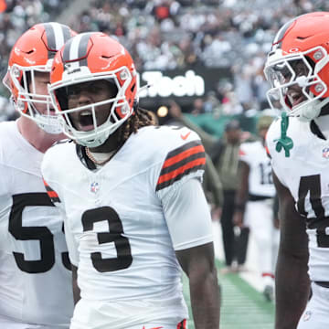 Nov 9, 2025; East Rutherford, New Jersey, USA; Cleveland Browns wide receiver Jerry Jeudy (3) after a first half touchdown reception against the New York Jets at MetLife Stadium. Mandatory Credit: Robert Deutsch-Imagn Images