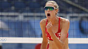 Sarah Pavan during a beach volleyball match in the Tokyo Olympics in 2021.
