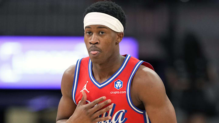 Apr 6, 2026; San Antonio, Texas, USA; Philadelphia 76ers guard VJ Edgecombe (77) reacts after scoring a three-point basket during the first half against the San Antonio Spurs at Frost Bank Center. Mandatory Credit: Scott Wachter-Imagn Images