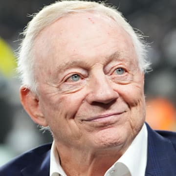 Dallas Cowboys owner Jerry Jones during warmups against the Las Vegas Raiders at Allegiant Stadium.