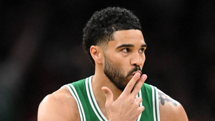 Apr 21, 2026; Boston, Massachusetts, USA; Boston Celtics forward Jayson Tatum (0) reacts after making a three-point basket against the Philadelphia 76ers in the first half of a game two of the first round of the 2026 NBA Playoffs at TD Garden. Mandatory Credit: Brian Fluharty-Imagn Images