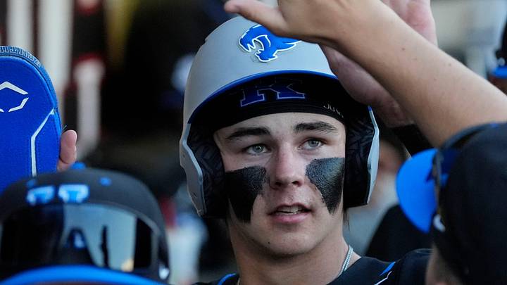 KentuckyÕs Tyler Bell (6) celebrates after scoring a run during a NCAA baseball game against Georgia on March 14, 2025.