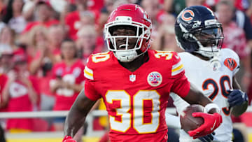 Aug 22, 2025; Kansas City, Missouri, USA; Kansas City Chiefs running back Brashard Smith (30) celebrates after a catch and run against the Chicago Bears during the first half of the game at GEHA Field at Arrowhead Stadium. Mandatory Credit: Denny Medley-Imagn Images