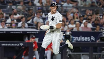 Aug 25, 2025; Bronx, New York, USA;  New York Yankees designated hitter Aaron Judge (99) runs to home plate in the fifth inning against the Washington Nationals at Yankee Stadium. Mandatory Credit: Wendell Cruz-Imagn Images