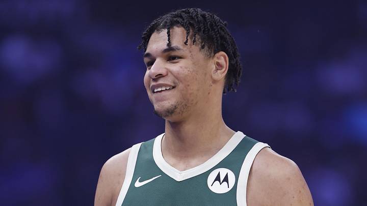 Feb 12, 2026; Oklahoma City, Oklahoma, USA; Milwaukee Bucks forward Ousmane Dieng (21) walks across the court during a game against the Oklahoma City Thunder during the first half at Paycom Center. Mandatory Credit: Alonzo Adams-Imagn Images