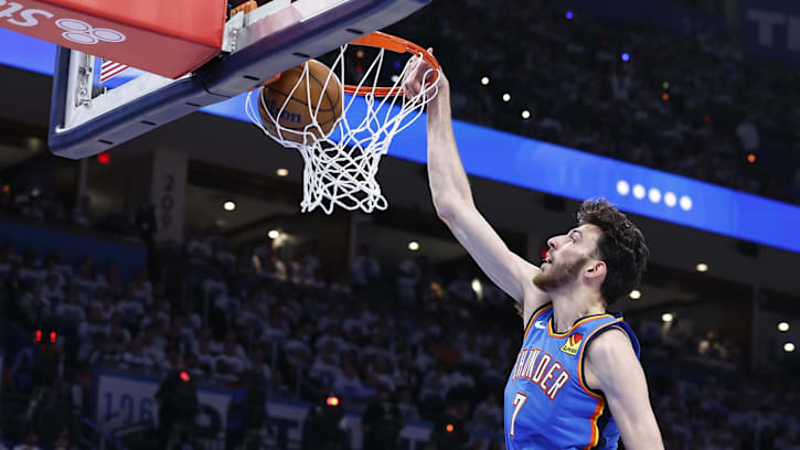 Apr 24, 2024; Oklahoma City, Oklahoma, USA; Oklahoma City Thunder forward Chet Holmgren (7) dunks