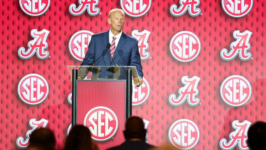 Alabama Crimson Tide head coach Kalen Deboer speaks to the press during SEC Football Kickoff Media Day at the Tampa Marriott. 