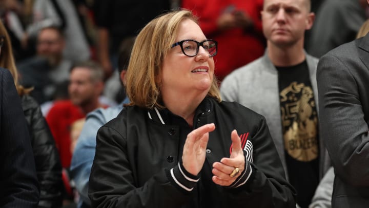 Oct 23, 2019; Portland, OR, USA; Portland Trail Blazers Chair Jody Allen applauds team before they play in the home-opener against the Denver Nuggets at Moda Center. Mandatory Credit: Jaime Valdez-USA TODAY Sports