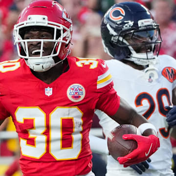 Aug 22, 2025; Kansas City, Missouri, USA; Kansas City Chiefs running back Brashard Smith (30) celebrates after a catch and run against the Chicago Bears during the first half of the game at GEHA Field at Arrowhead Stadium. Mandatory Credit: Denny Medley-Imagn Images