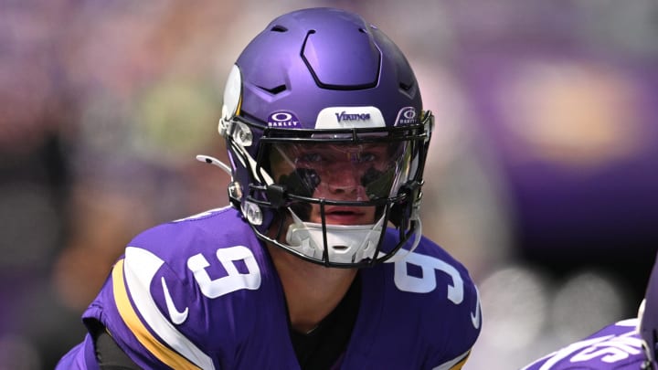 Aug 10, 2024; Minneapolis, Minnesota, USA; Minnesota Vikings quarterback J.J. McCarthy (9) and center Michael Jurgens (65) warm up before the game against the Las Vegas Raiders at U.S. Bank Stadium. Mandatory Credit: Jeffrey Becker-USA TODAY Sports