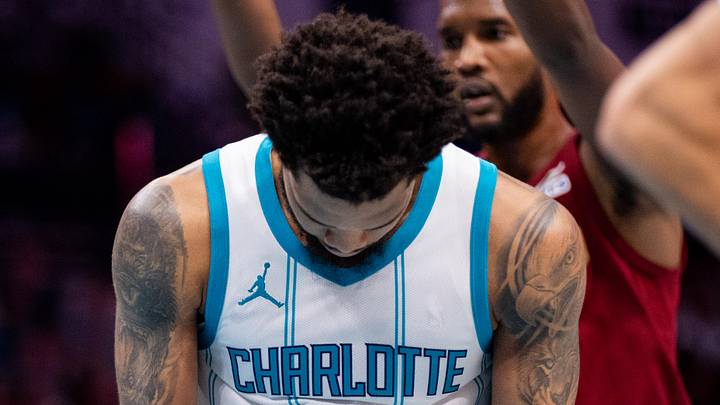 Mar 7, 2025; Charlotte, North Carolina, USA; Charlotte Hornets forward Miles Bridges (0) reacts after a play against the Cleveland Cavaliers during the third quarter at Spectrum Center. Mandatory Credit: Scott Kinser-Imagn Images