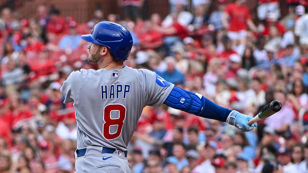 May 29, 2026; St. Louis, Missouri, USA; Chicago Cubs left fielder Ian Happ (8) hits a three run home run against the St. Louis Cardinals during the first inning at Busch Stadium. 