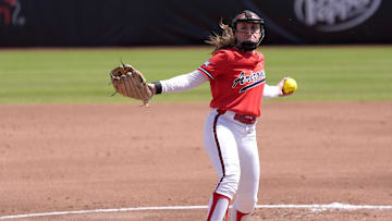 Arizona's Ryan Maddox (6) throws a pass during the 2025 Phillips 66 Big 12 Softball Championship game between Arizona Wildcats and Texas Tech Red Raiders at Devon Park in Oklahoma City, Saturday, May, 10, 2025.