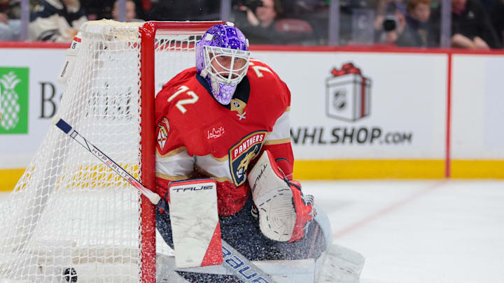 Nov 22, 2025; Sunrise, Florida, USA; Florida Panthers goaltender Sergei Bobrovsky (72) gets scored on by Edmonton Oilers right wing Vasily Podkolzin (not pictured) during the second period at Amerant Bank Arena. Mandatory Credit: Sam Navarro-Imagn Images