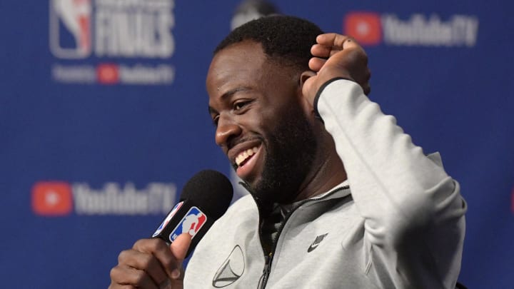 May 29, 2019; Toronto, Ontario, CAN; Golden State Warriors forward Draymond Green (23) answers questions  during a media conference for the NBA Finals at Scotiabank Arena. Mandatory Credit: Dan Hamilton-USA TODAY Sports