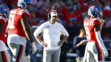 Sep 7, 2024; Oxford, Mississippi, USA; Mississippi Rebels head coach Lane Kiffin watches during a time-out during the second half against the Middle Tennessee Blue Raiders at Vaught-Hemingway Stadium. Mandatory Credit: Petre Thomas-Imagn Images