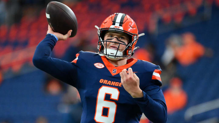 Aug 31, 2024; Syracuse, New York, USA; Syracuse Orange quarterback Kyle McCord (6) warms up prior to a game against the Ohio Bobcats at the JMA Wireless Dome. Mandatory Credit: Rich Barnes-USA TODAY Sports