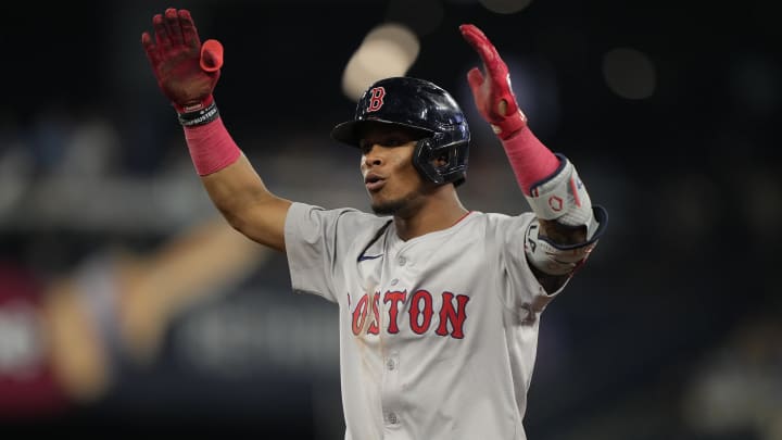 Jun 18, 2024; Toronto, Ontario, CAN; Boston Red Sox shortstop Ceddanne Rafaela (43) reacts after hitting an RBI single against the Toronto Blue Jays during the eighth inning at Rogers Centre. Mandatory Credit: John E. Sokolowski-USA TODAY Sports