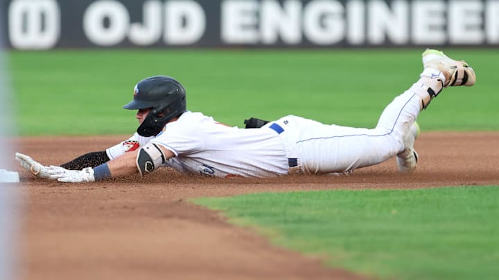 Amarillo Sod Poodles    Tim Tawa (10) slides in safely at second base, in a Texas League Championship game against the Arkansas Travelers, Tuesday night, September 26, 2023, at Hodgetown, in Amarillo, Texas. The Arkansas Travelers won 6-5.