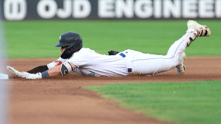 Amarillo Sod Poodles    Tim Tawa (10) slides in safely at second base, in a Texas League Championship game against the Arkansas Travelers, Tuesday night, September 26, 2023, at Hodgetown, in Amarillo, Texas. The Arkansas Travelers won 6-5.