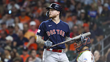 Aug 22, 2023; Houston, Texas, USA; Boston Red Sox right fielder Alex Verdugo (99) reacts after