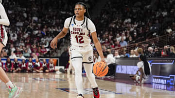 Mar 21, 2025; Columbia, South Carolina, USA; South Carolina Gamecocks guard MiLaysia Fulwiley (12) handles the ball against the Tennessee Tech Golden Eagles during the first half  at Colonial Life Arena. Mandatory Credit: Jim Dedmon-Imagn Images