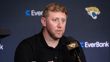 Apr 25, 2025; Jacksonville, FL, USA; Jacksonville Jaguars head coach Liam Coen talks to the media during a press conference to introduce first round draft pick Travis Hunter (not pictured) at Miller Electric Center. Mandatory Credit: Travis Register-Imagn Images