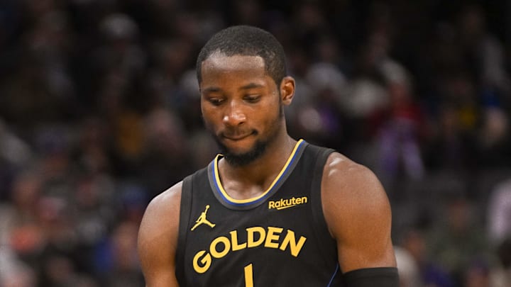 Jonathan Kuminga walks off the court after being removed from the game during the fourth quarter of the game against the Sacramento Kings at Golden 1 Center.