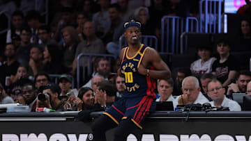 Mar 25, 2025; Miami, Florida, USA; Golden State Warriors forward Jimmy Butler III (10) looks on against the Miami Heat during the second quarter at Kaseya Center. Mandatory Credit: Sam Navarro-Imagn Images