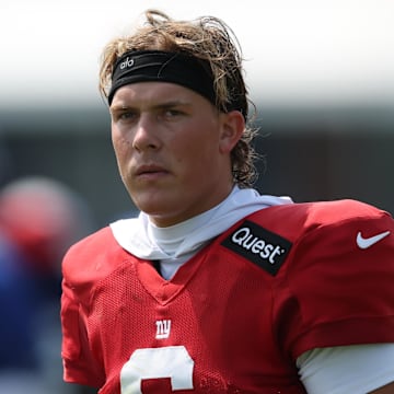 Aug 4, 2025; East Rutherford, NJ, USA; New York Giants quarterback Jaxson Dart (6) on the field during training camp at Quest Diagnostics Training Center.  