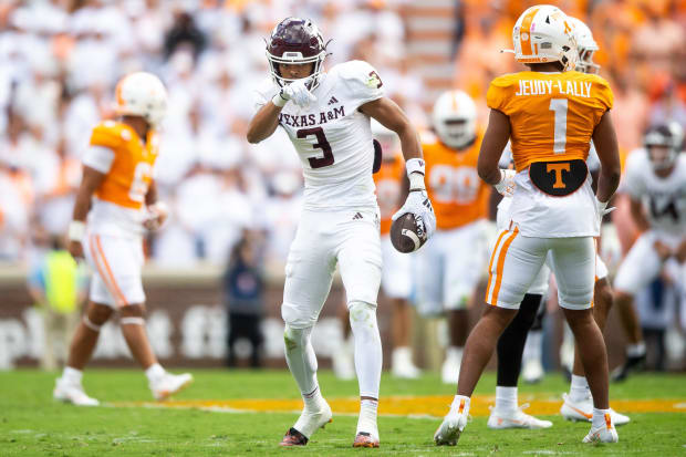 Texas A&M Aggies receiver Noah Thomas celebrates after catching the ball for a first down against the Tennessee Volunteers.