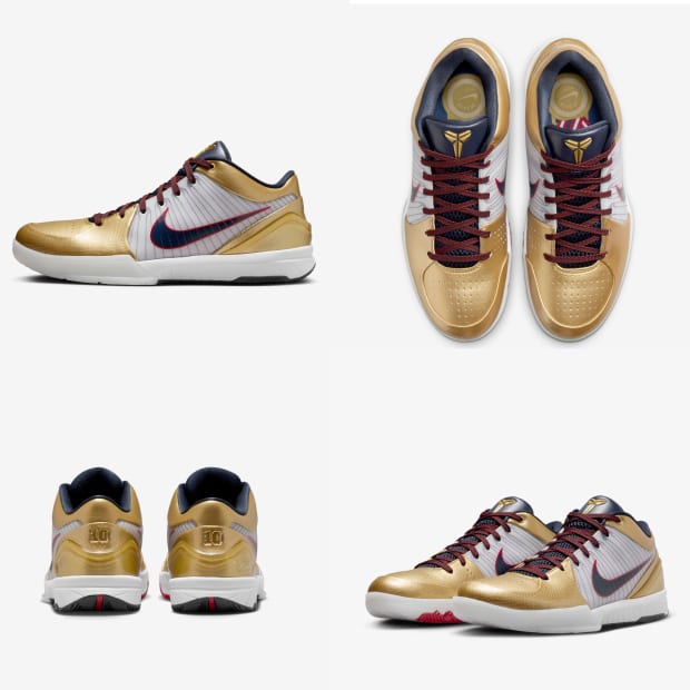 Gold and white Nike sneakers.