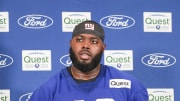 Jul 24, 2024; East Rutherford, NJ, USA; New York Giants offensive tackle Andrew Thomas (78) talks with media during training camp at Quest Diagnostics Training Facility.  