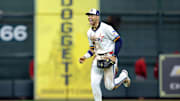 Sep 1, 2025; Houston, Texas, USA; Houston Astros right fielder Cam Smith (11) reacts after the final out against the Los Angeles Angels during the ninth inning at Daikin Park. 