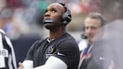 Sep 28, 2025; Houston, Texas, USA; Houston Texans head coach DeMeco Ryans looks up during the fourth quarter against the Tennessee Titans at NRG Stadium. Mandatory Credit: Troy Taormina-Imagn Images