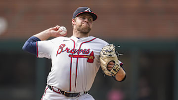 Sep 24, 2025; Cumberland, Georgia, USA; Atlanta Braves starting pitcher Bryce Elder (55) pitches against the Washington Nationals during the first inning at Truist Park. Mandatory Credit: Dale Zanine-Imagn Images