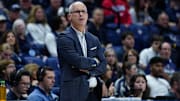 Nov 3, 2025; Storrs, Connecticut, USA; UConn Huskies head coach Dan Hurley watches from the sideline as they take on the New Haven Chargers at Harry A. Gampel Pavilion. Mandatory Credit: David Butler II-Imagn Images