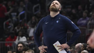Jan 20, 2024; Chicago, Illinois, USA; Memphis Grizzlies head coach Taylor Jenkins reacts against the Chicago Bulls during the first half at the United Center. Mandatory Credit: Matt Marton-USA TODAY Sports
