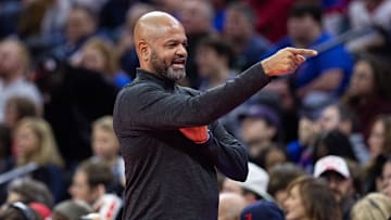 Nov 21, 2023; Philadelphia, Pennsylvania, USA; Cleveland Cavaliers head coach J.B. Bickerstaff reacts during the second quarter Philadelphia 76ers at Wells Fargo Center. Mandatory Credit: Bill Streicher-Imagn Images